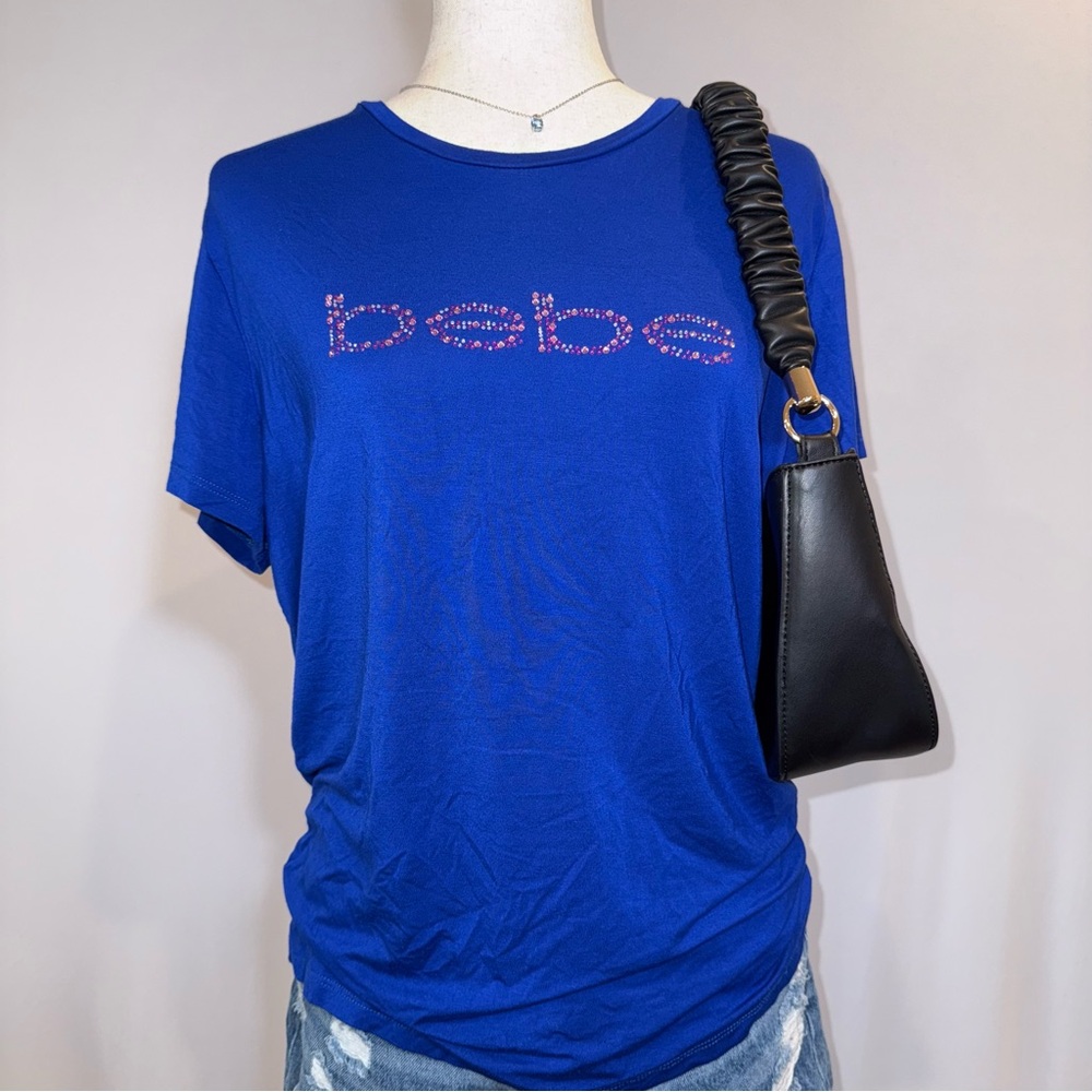 Bebe Blue Bedazzled T-Shirt with bebe logo on front size 1X